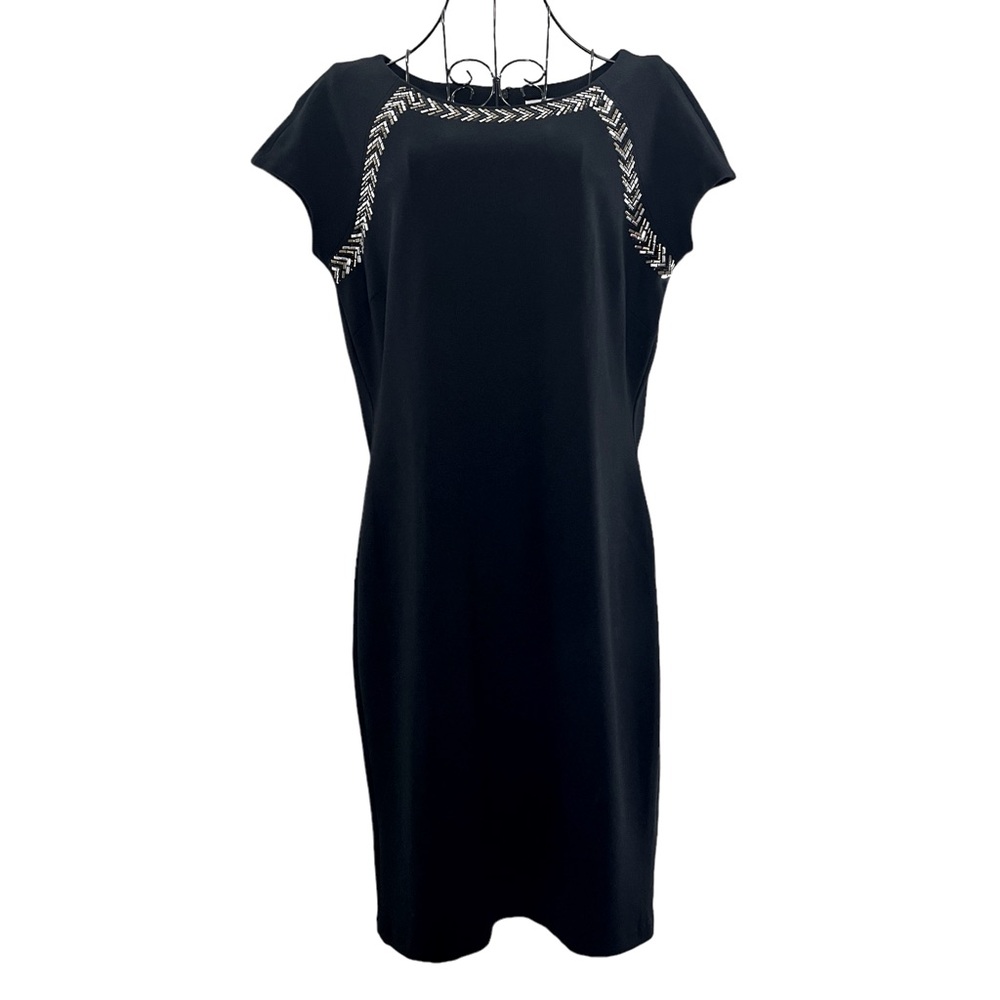 Carmen Marc Valvo Black Metallic Trim Sheath Knit Dress, Size Medium